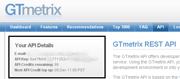 GTmetrix API Key, Remaining Credits and Email
