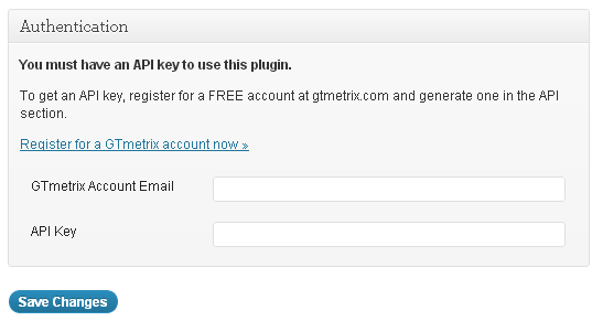 Authentication GTmetrix Login and API Key